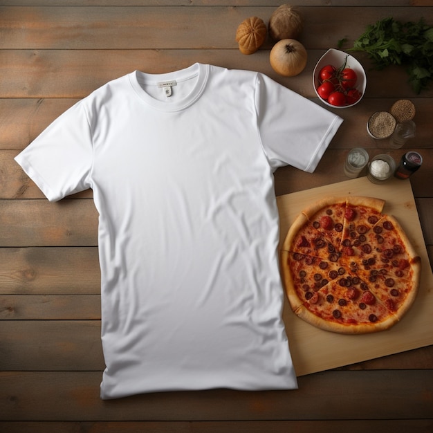 t-shirt blanc vierge allongé en position de sommeil sur une table de cuisine avec plusieurs pizzas
