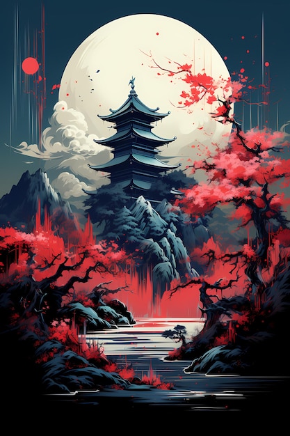 T-shirt de château japonais illustration d'art sombre