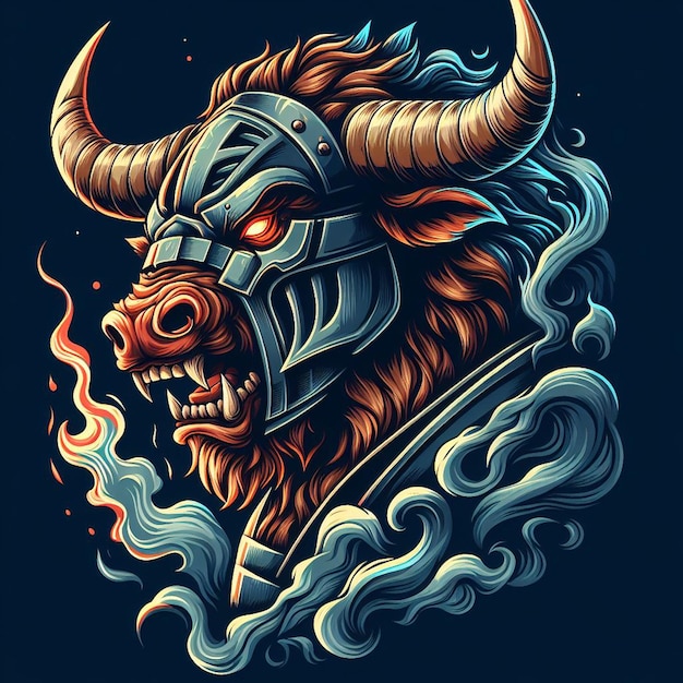 T-shirt Design Artwork Bull avec le casque du guerrier