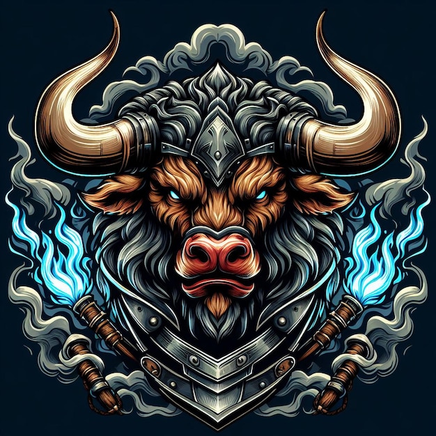 Photo t-shirt design artwork bull avec le casque du guerrier