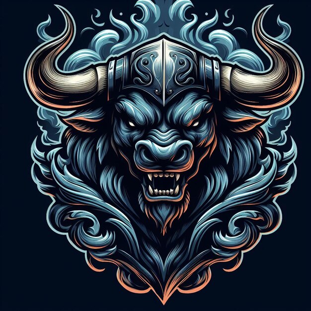 Photo t-shirt design artwork bull avec le casque du guerrier