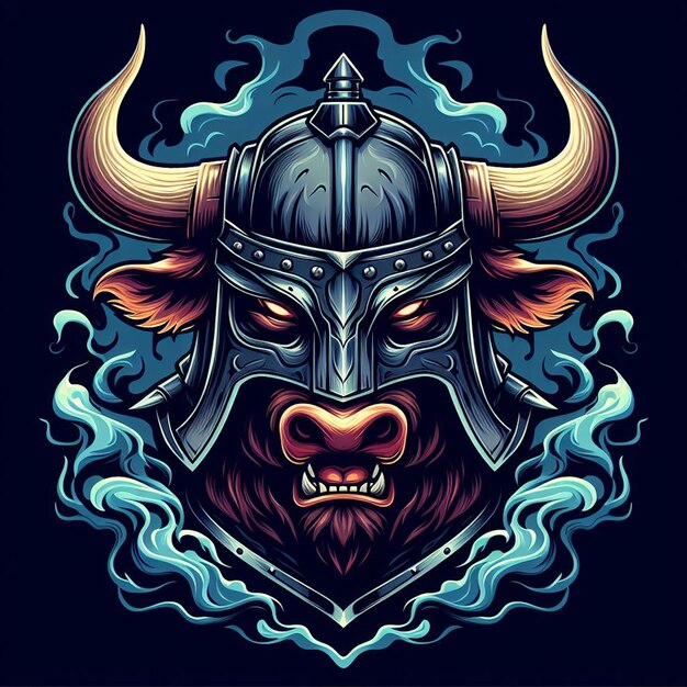 Photo t-shirt design artwork bull avec le casque du guerrier