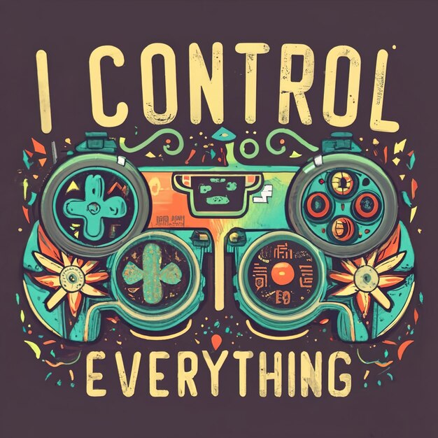 T-shirt design rétro gamepad avec des détails ultra-tricots colorés texte je contrôle tout typographie illustration fantasy sombre