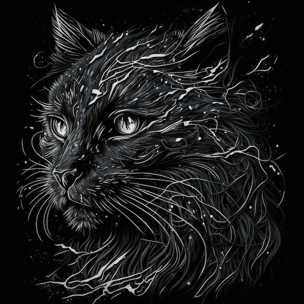 T Shirt Design de visage de chat sur fond noir AI générative