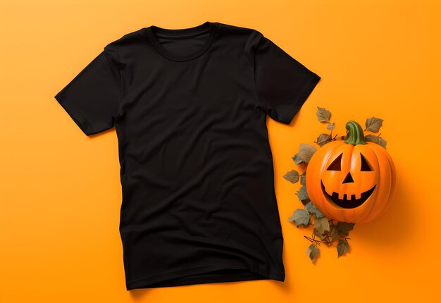 T-shirt féminin noir maquette d'Halloween avec citrouille et feuilles sur fond orange modèle de t-shirt