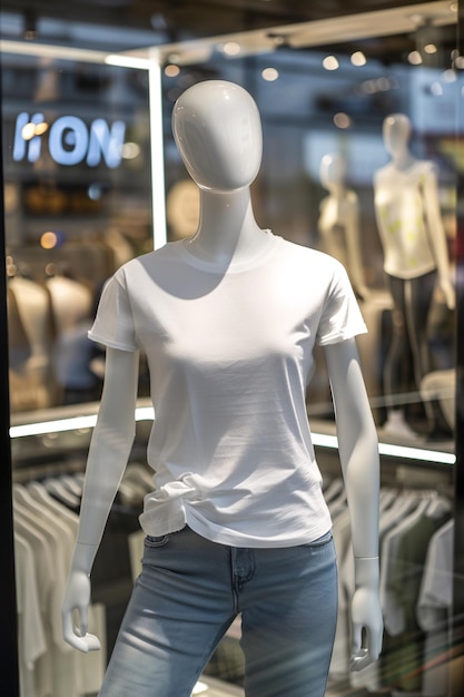 Photo t-shirt de femme blanche imprimé à la demande sur mannequin dans une vitrine