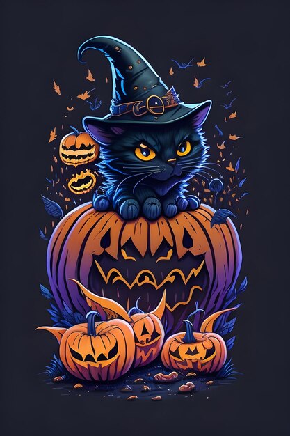 Photo t-shirt d'halloween conçu par black cat avec un chapeau de sorcière sur une citrouille orange