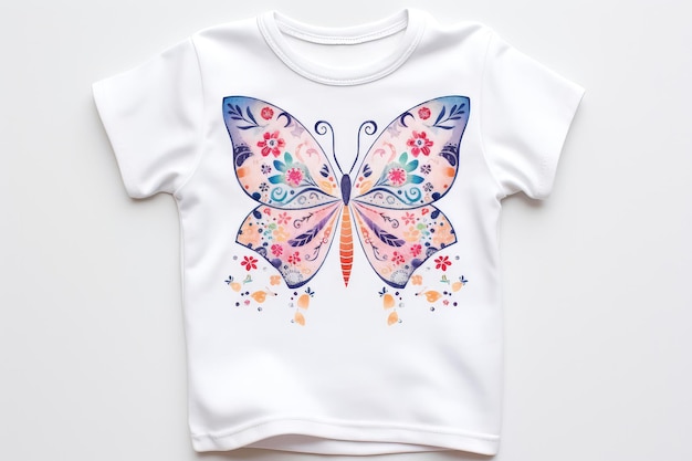 T-shirt imprimé papillon pour fille nouveau-née sur fond blanc IA générative
