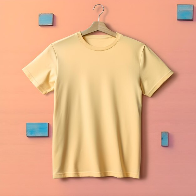 un t-shirt jaune accroché à un mur avec le mot "t-shirt".