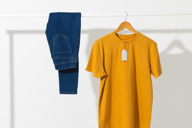 T-shirt jaune avec étiquette et pantalon denim sur le rail de vêtements avec espace de copie sur fond blanc