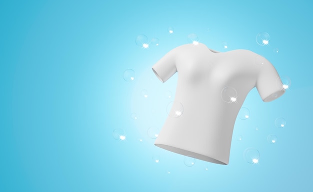 T-shirt montre le lavage avec de l'eau à bulles brillantes illustration publicitaire 3D propre avec du détergent liquide en poudre à laver 3D rendu isolé sur fond bleu