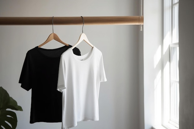 Un T-shirt noir et blanc accroché à un cintre