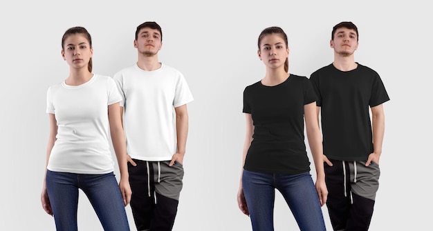 T-shirt noir blanc à la mode sur un gars une fille en jeans isolé sur fond