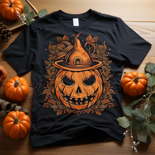 un t-shirt noir avec une citrouille est sur une table avec des citrouilles.