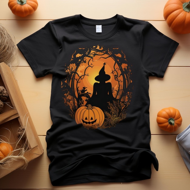 Un t-shirt noir avec des citrouilles est sur une table en bois.