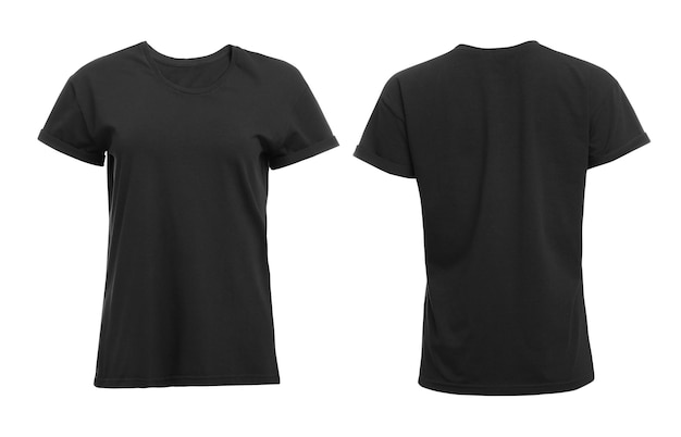 T-shirt noir élégant sur fond blanc vues avant et arrière Espace pour le design
