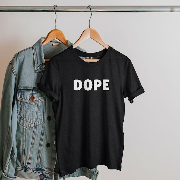 Un T-shirt noir est accroché à un cintre avec le mot drogue dessus.