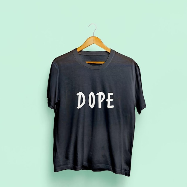 Un T-shirt noir est accroché à un cintre avec le mot drogue dessus.