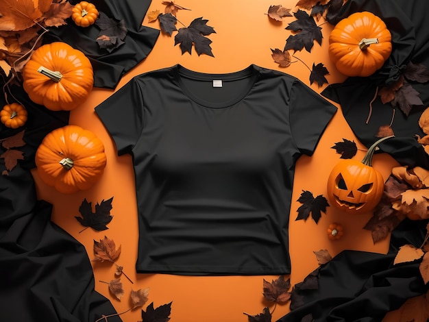 T-shirt noir pour homme et femme, maquette d'Halloween avec citrouilles et feuilles sur fond orange Ai