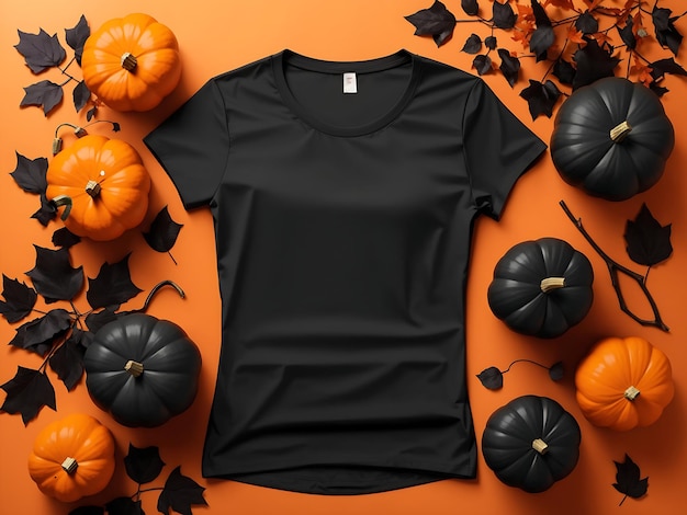 T-shirt noir pour homme et femme, maquette d'Halloween avec citrouilles et feuilles sur fond orange Ai