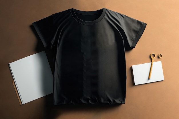 Un t-shirt noir avec un stylo et un papier blanc sur la table