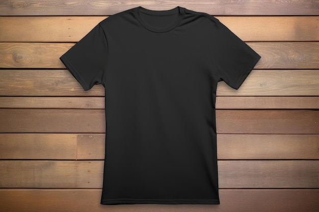 Photo t-shirt noir en tissu naturel mock-up de t-shirt noir pour hommes sur fond en bois pour femmes