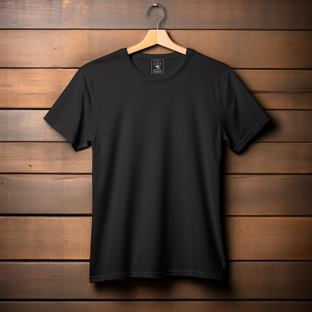 T-shirt noir uni suspendu à un cintre sur fond de mur en bois