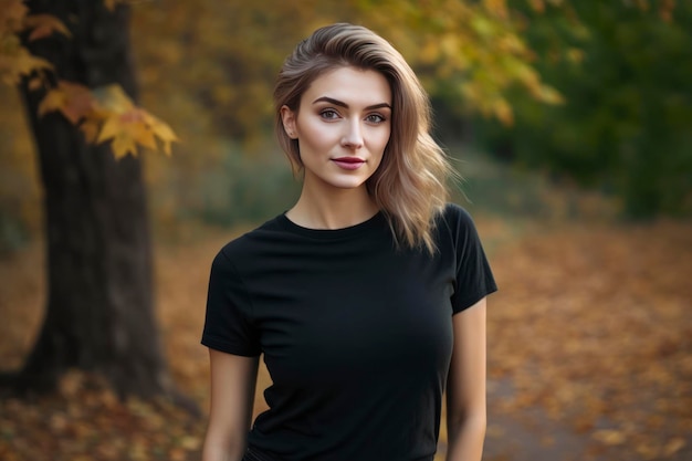 Un t-shirt noir vierge porté par un modèle féminin de style décontracté c'est l'automne dehors
