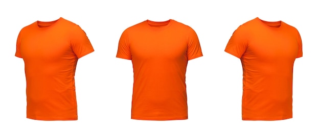 T-shirt orange sans manches. t-shirt vue de face trois positions sur fond blanc
