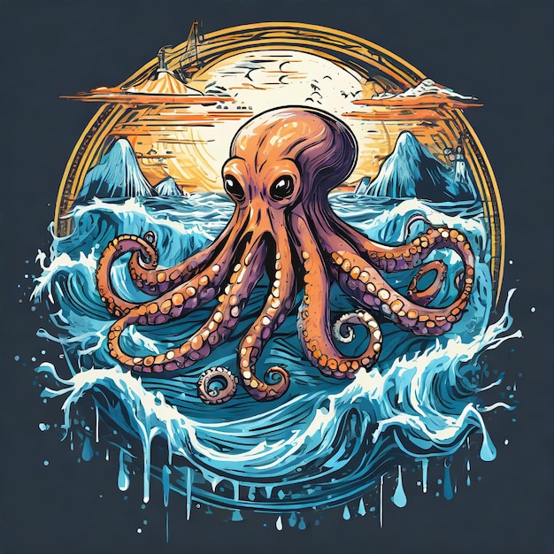 T-shirt de pieuvre de l'océan mock-up vectoriel d'impression fantôme sous-marin monstre sous-marine
