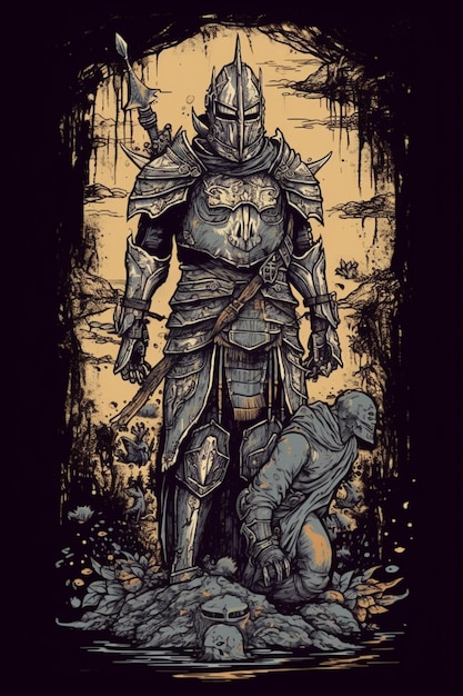 Photo un t-shirt représentant un envahisseur dark souls debout sur le corps d'un autre chevalier.