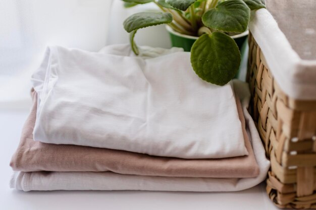 T-shirt réutilisable lavé sur chambre domestique avec seau naturel et plante verte