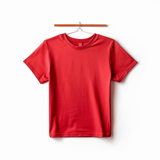 Un t-shirt rouge accroché à un mur blanc