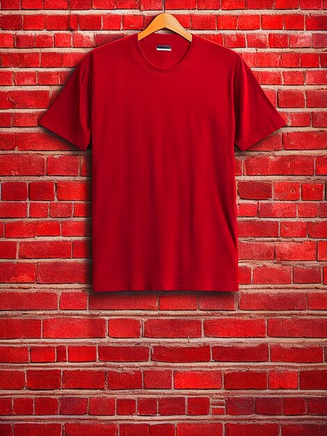 un t-shirt rouge de couleur plaine avec un fond de mur de brique