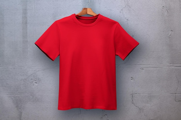 T-shirt rouge sur une maquette de fond minimaliste pour un t-shirt de marque