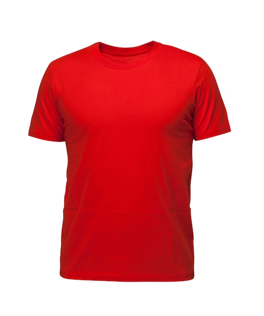 T-shirt rouge sans manches. t-shirt vue de face trois positions sur fond blanc