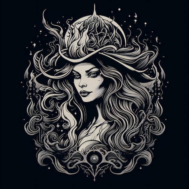 T-shirt de sorcière dessin de tatouage d'art sombre illustration isolée sur fond noir