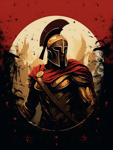 T-shirt de Spartan Hoplite avec une longue lance et un bouclier rond Stoïcien Exp Art vectoriel plat 2D