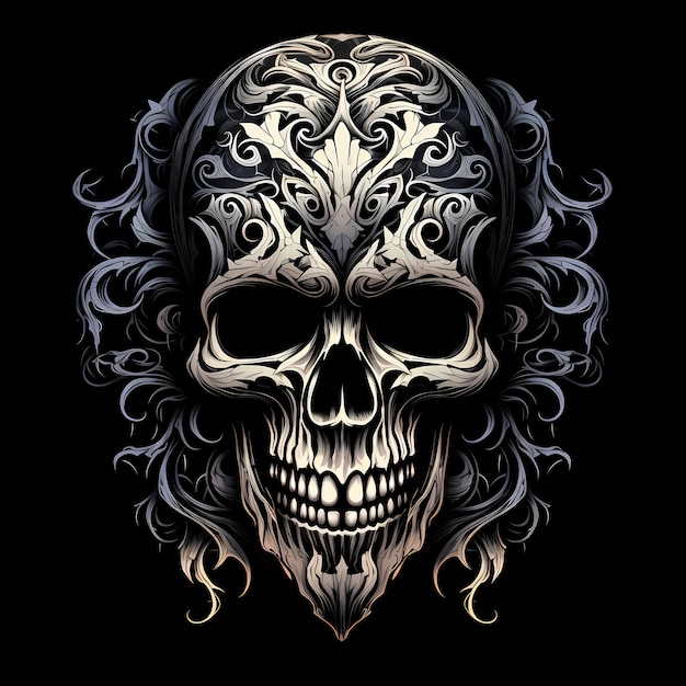 T-shirt tatoué avec logo de tête de crâne dessin d'art sombre illustration isolée sur fond noir