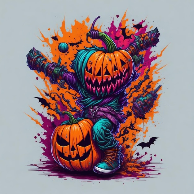 T-shirt vectoriel prêt à imprimer des graffitis colorés illustration d'une citrouille d'Halloween action mignonne