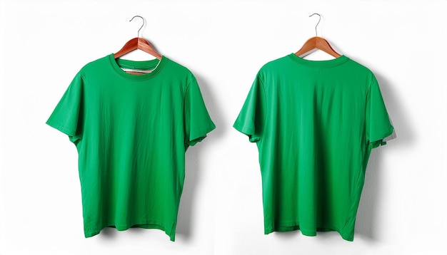 Photo t-shirt vert sur un étagère en bois vues avant et arrière sur fond blanc