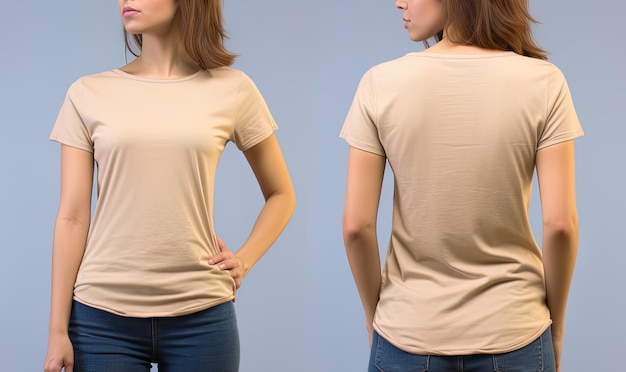 T-shirts beiges féminins photo réalistes avec espace de copie vue avant et arrière