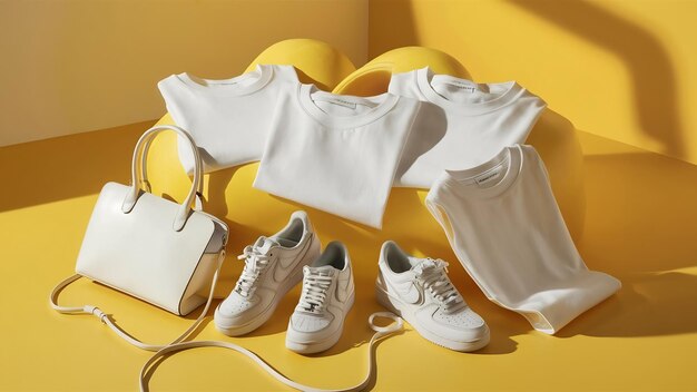 T-shirts blancs, baskets et sac sur fond jaune