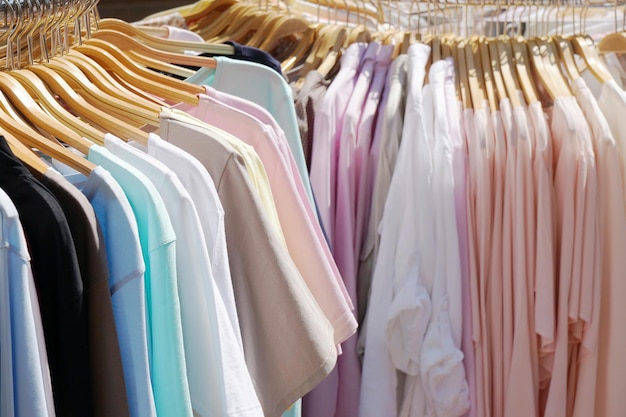 T-shirts et chemises accrochés à des porte-vêtements à vendre en magasin