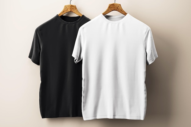 T-shirts noirs et blancs accrochés à des crochets en bois Rendering 3D