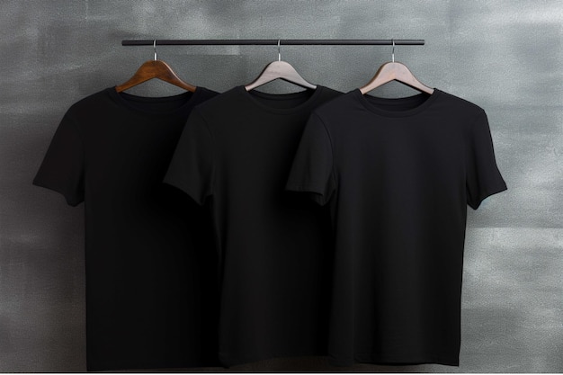 T-shirts noirs sur des cintreaux contre un mur de briques Mockup pour la conception