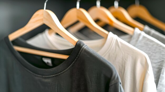 Des t-shirts simples assortis sur des cintres en bois dans une armoire propre Une exposition de vêtements organisée à la mode simple Concentration sélective sur un style minimaliste Idéal pour les concepts de vente au détail et de vêtements AI