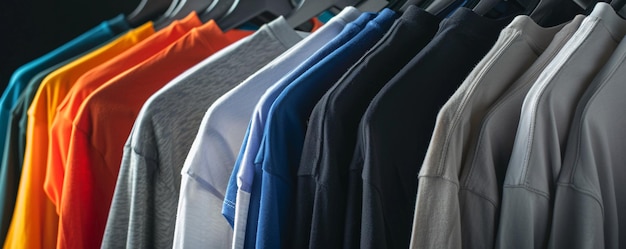 Des t-shirts vibrants affichés sur des cintreaux sur un porte-vêtements