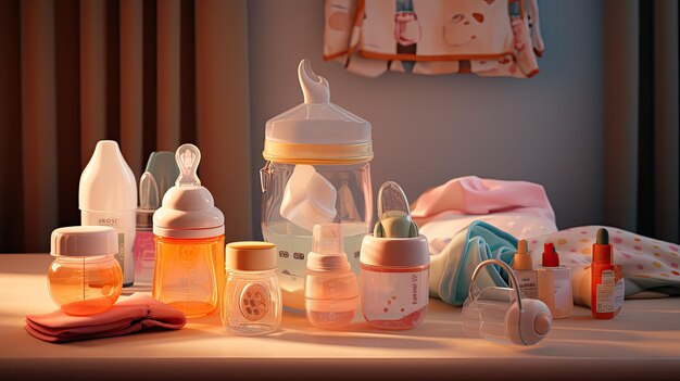 Table avec une abondance de bouteilles liquides et d'articles pour bébés