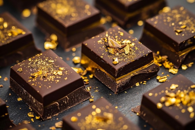 Une table avec une abondance de chocolats méticuleusement disposés tous habilement ornés de flocons d'or scintillants chocolats gourmets avec décor de feuilles d'or générés par l'IA